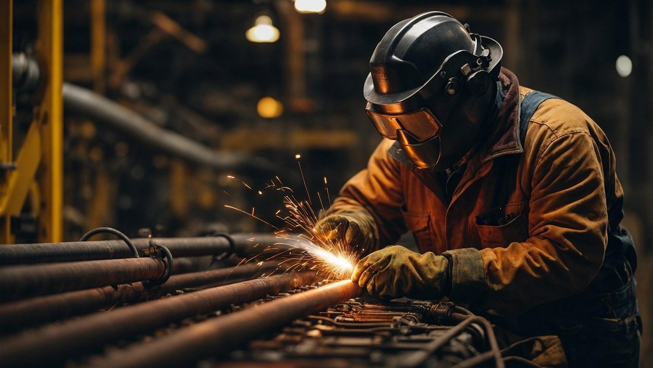 Welder working on custom railing at home